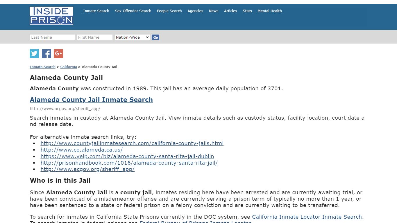 Alameda County Jail - California - Inmate Search - Inside Prison